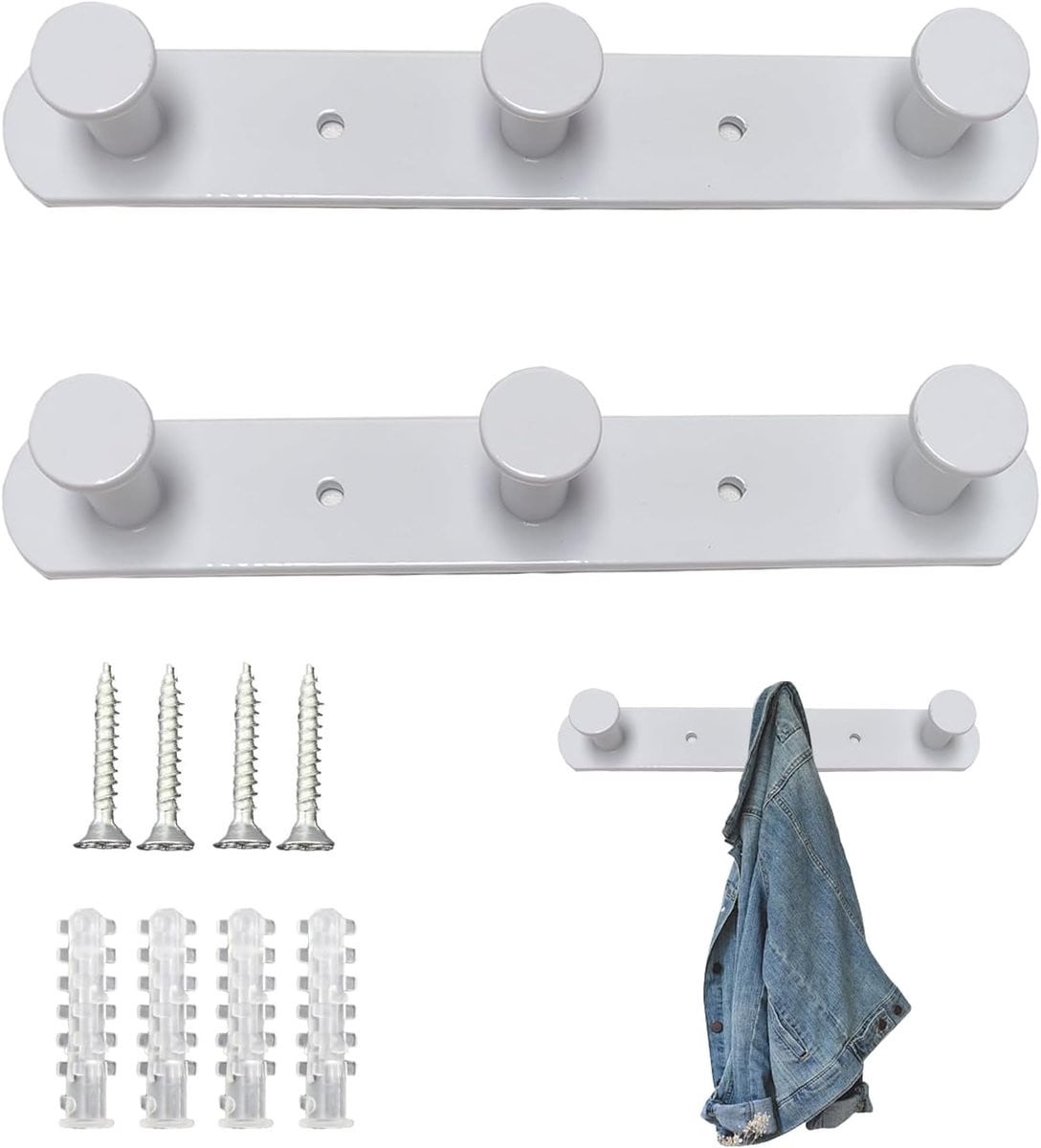 Set van 2 witte wandkapstokken met zware haken voor kleding en handdoeken