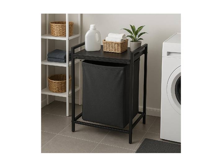 Wäschekorb RELAXDAYS 65 L , schwarz, B:50cm H:72cm T:33cm, Eisen, MDF, Polyester, Wäschesammler, Wäschekorb