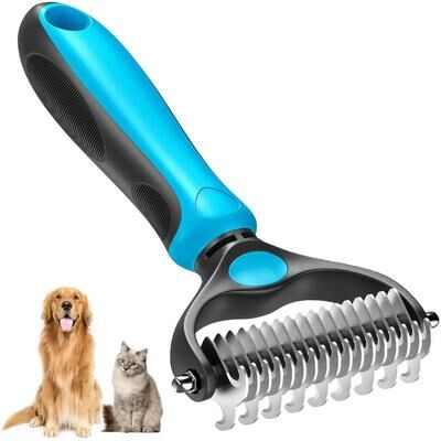 Universal Stock Pet Deshedding Brush & Dematting Comb For Dogs And Cats blue