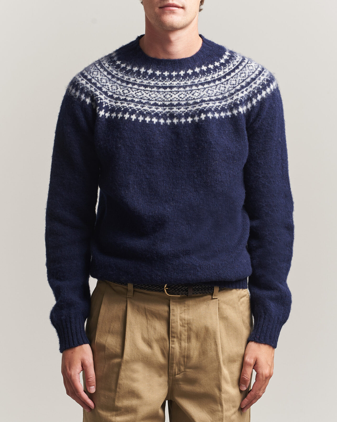 Harley Of Scotland Brushed Supersoft Lambswool Yolk Fairisle Navy/Snow men XXL Blå