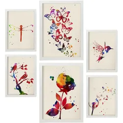 POSTER Set Mit 6 Natur Illustrationen Im Aquarell Stil Von Pflanzen, Blumen, Schmetterlingen Und Vögeln Innenarchitektur A3 & A4 Weißer Rahmen