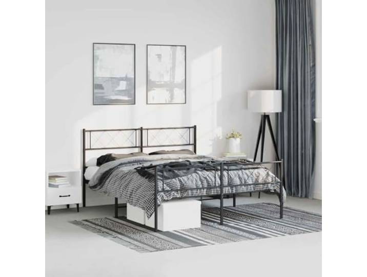 Pulverbeschichteter Stahl Stabil Schlafzimmer Klassisch 150x200 cm Schwarz Metallbett Bettgestell 150x200 cm mit Kopf- und Fußteil Stahlbett Schwarz mit Lattenrost und Stauraum für Schlafzimmer