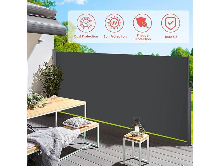 Store latéral rétractable pour terrasse extérieure, écran de protection, séparateur d'intimité, pare-soleil pour jardin, piscine, terrasse, pare-vent noir H 1,8M