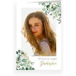 Dankeskarte Jugendweihe: Soft Greenery mit Foto in Weiß