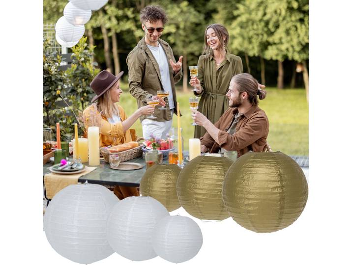 Papier-Lampions, 6 Stück in 3 Grössen, weiss & gold