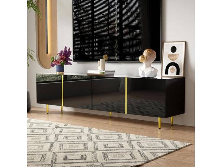 Meuble TV Armoire TV brillante avec 4 portes moderne et sobre Noir+Or