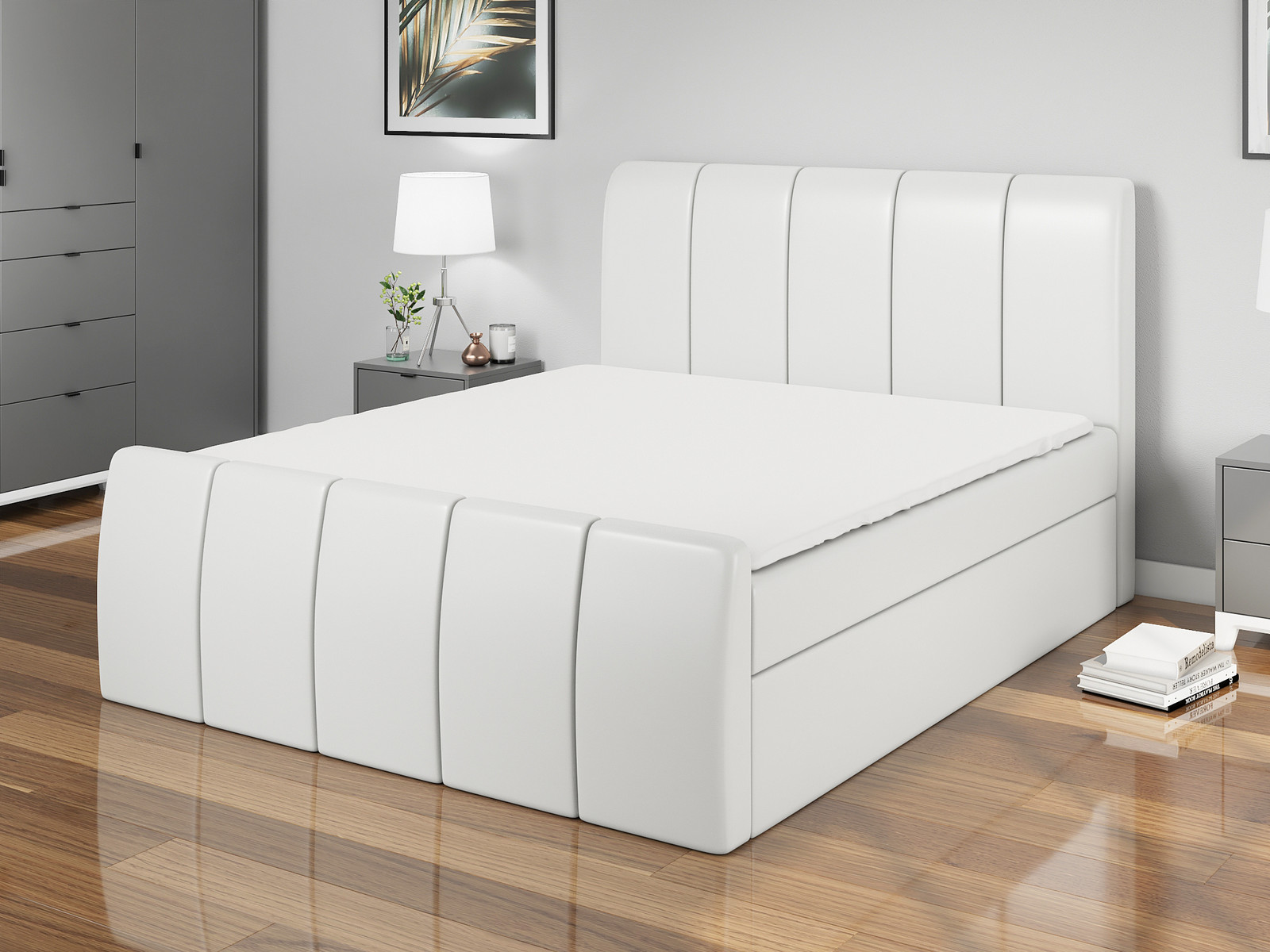 MBTmeble Boxspringbed KARIS 160x200 cm met Bonell-matras, topper, hoofdbord en 2 nachtkastjes