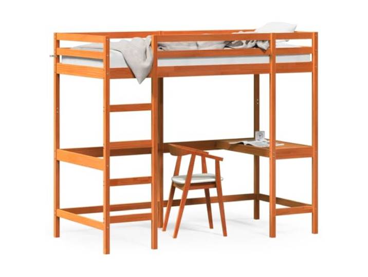 PUGYNBK Hochbett mit Schreibtisch, massives Kiefernholz, 90 x 200 cm Sicherheitsgeländer, geräumiger Schreibtisch, robuste Lamellen, Wandbefestigung im Lieferumfang enthalten