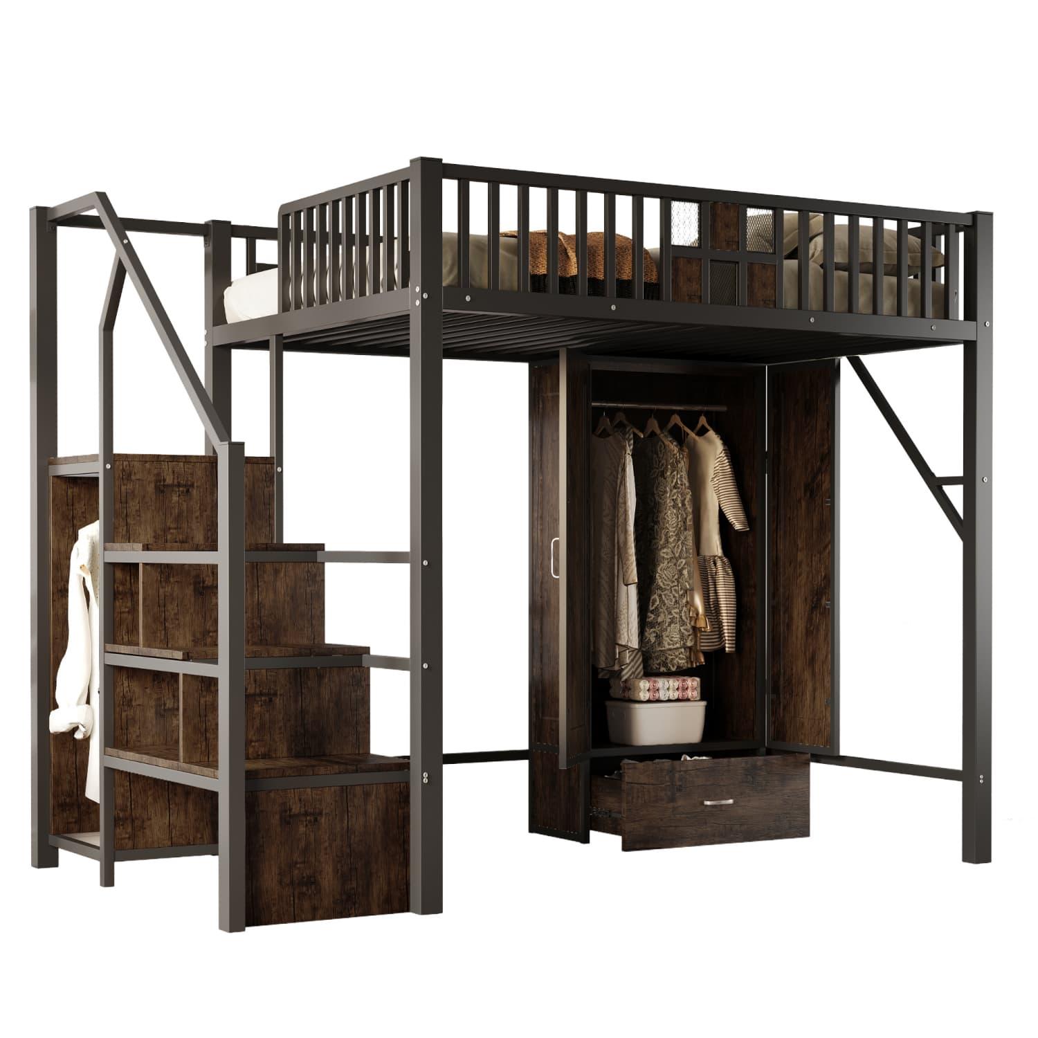 Metall-Hochbett 140×200cm Mit Markantem Geländerdesign Aus Holz und Metallgitter,Komplett Mit Großem Kleiderschrank,Schubladen und Aufbewahrungsleiter