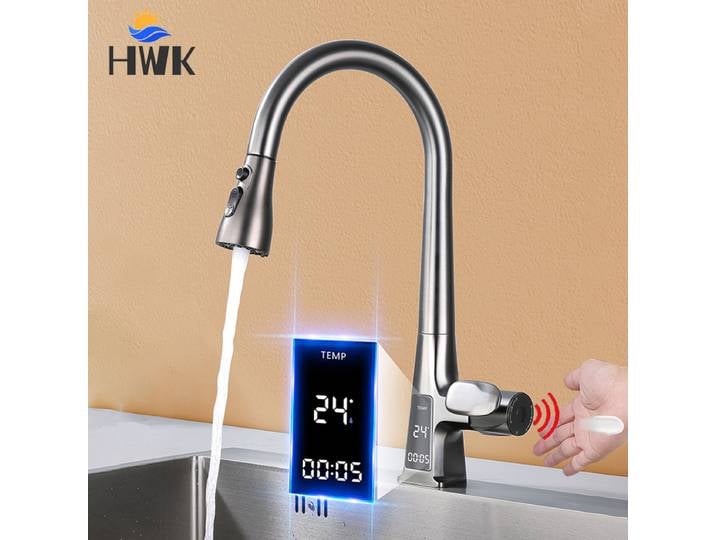 Robinet de cuisine extractible à capteur intelligent. Robinet mitigeur d'eau à affichage numérique sans contact. Robinet d'évier à bec à trois Modes d'eau chaude et froide.