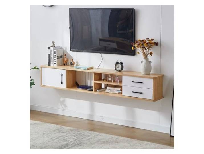 Vfs8dQ5kt Medieneinheit Wohnzimmer-TV-Regale, schwebender TV-Ständer zur Wandmontage(White+Nature,170 * 24 * 28cm)