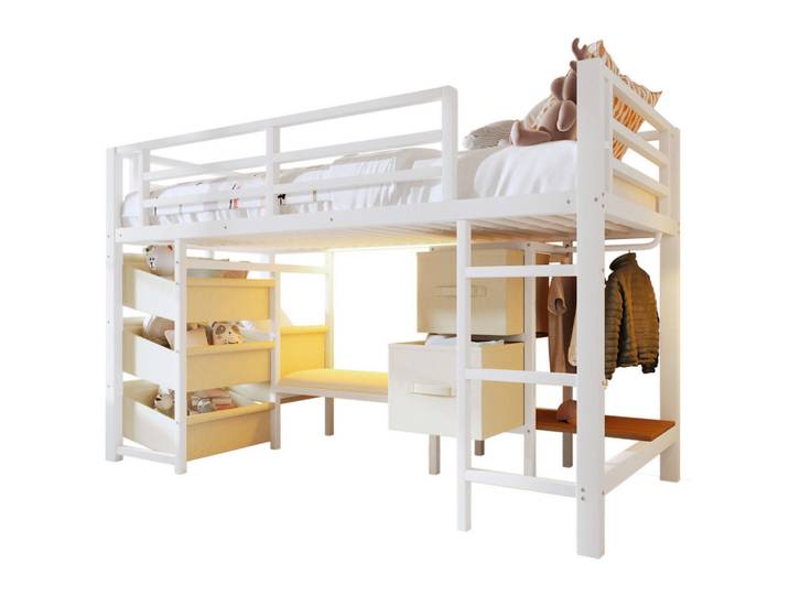 Modfu Hochbett aus Metall 90x200 cm in Weiß mit LED & Stoffschublade, 90x200 cm, Babymöbel & Kindermöbel, Kinderzimmer & Jugendzimmer, Kinderbetten, Hochbetten