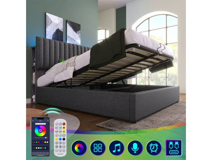 DRIPEX Lit rembourré 160x200cm avec LED Lit double hydraulique avec recharge USB Type C Tête de lit réglable Rangement Gris