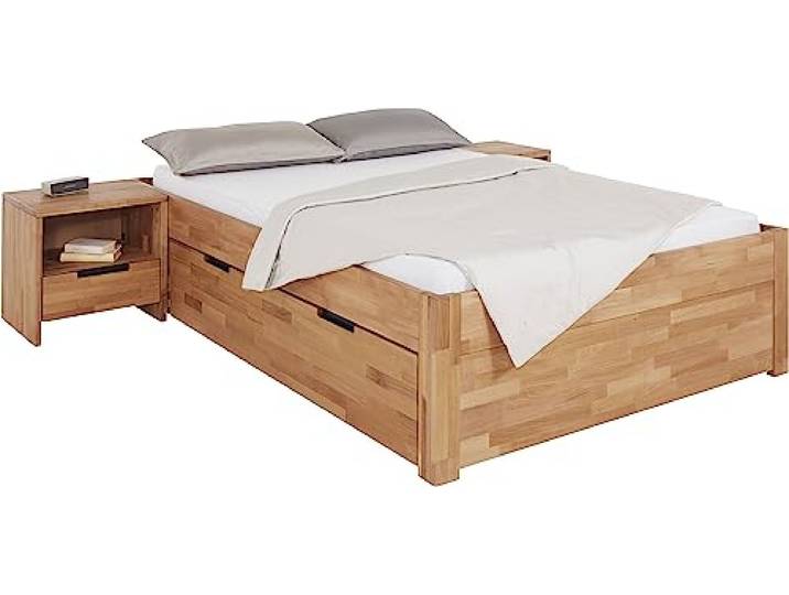 TaBoLe Massivholzbett Bettrahmen ohne Kopfteil mit Schubladen Buche geölt (Buche, 140 x 200 cm)