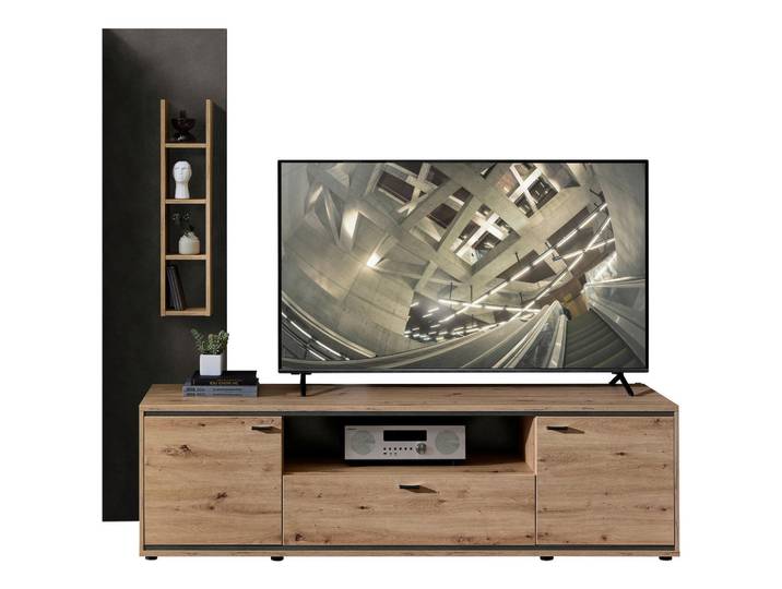 Stylife Lowboard, Anthrazit, Eiche Artisan, Kunststoff, 2 Fächer, 1 Schublade(n) Schubladen, 220x203x49 cm, spiegelbildliche Montage möglich, Wohnzimmer, Wohnwand, Wohnwand- Serien