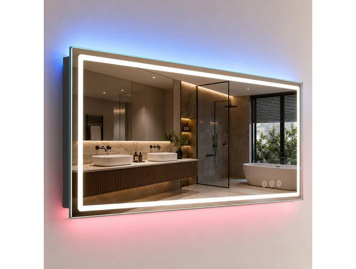 Relaxdays Badspiegel Silber LED RGB Hintergrundbeleuchtung Touch Anti-Beschlag 60x80 cm, Transparent, Glas, Metall, Holzwerkstoff, 80x60x3 cm, Badezimmer, Badezimmerspiegel, Badspiegel