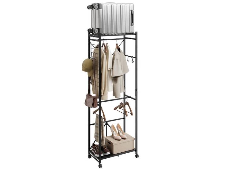 SoBuy Stehender Garderobenständer mit Rollen Kls21-Sch, Schwarz, Metall, 60x175x32 cm, Garderobe, Garderobenständer