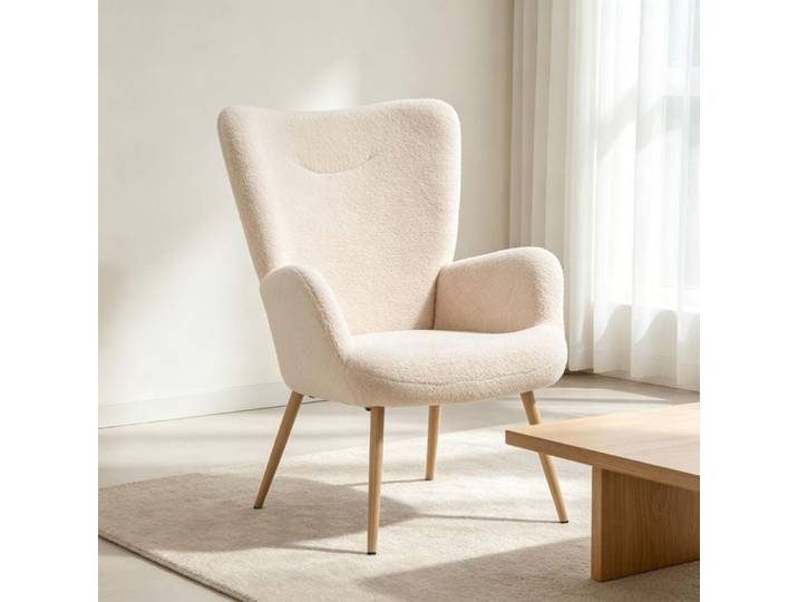 Fauteuil - SOGEU - Fauteuil lounge - Tissu bouclette beige - Dossier haut incurvé - Pieds métal robustes