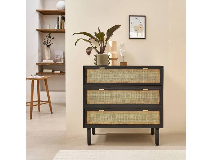 Commode en manguier massif et cannage noire 90 cm
