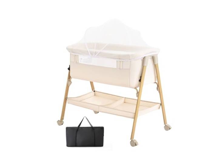 Lnhcrbs Beistellbett 2-in-1, Babybett als Beistellbett Oder Freistehend, Baby Reisebett Mit Matratze und Rollen, Stubenwagen Baby mit Rollen, Für 0-6 Monate/Bis 9 kg,Holzoptik