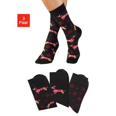 Socken LASCANA, Damen, Gr. 39-42, schwarz (3x schwarz gemustert), Baumwollmischung, gemustert, elastisch, Socken Socken, mit weihnachtlichem Dackelmotiv