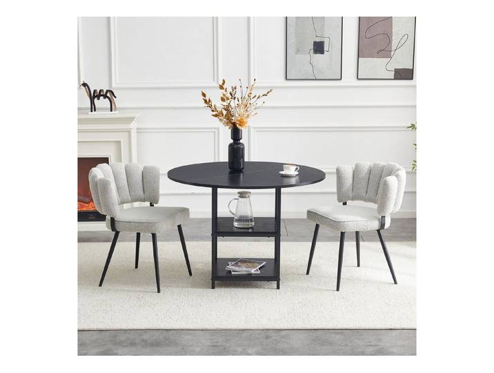 Fine Life Pro Essgruppe Tisch-Set, runder Esstisch, Industriestil, 107 cm, 2 hellgraue Stoff-Stühle, Blütenlehne