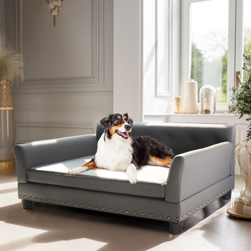 Archie & Oscar Tornillo Leather Pet Bed Grey Large (40cm H x 102cm W x 72cm D)