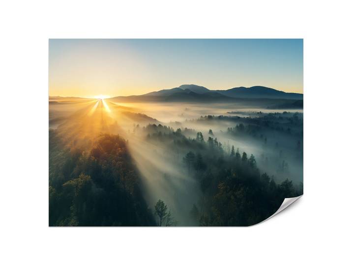 FOTOTAPETE für Wohnzimmer Sonnenaufgang über Bergigen Nadelwald Gold 200x140