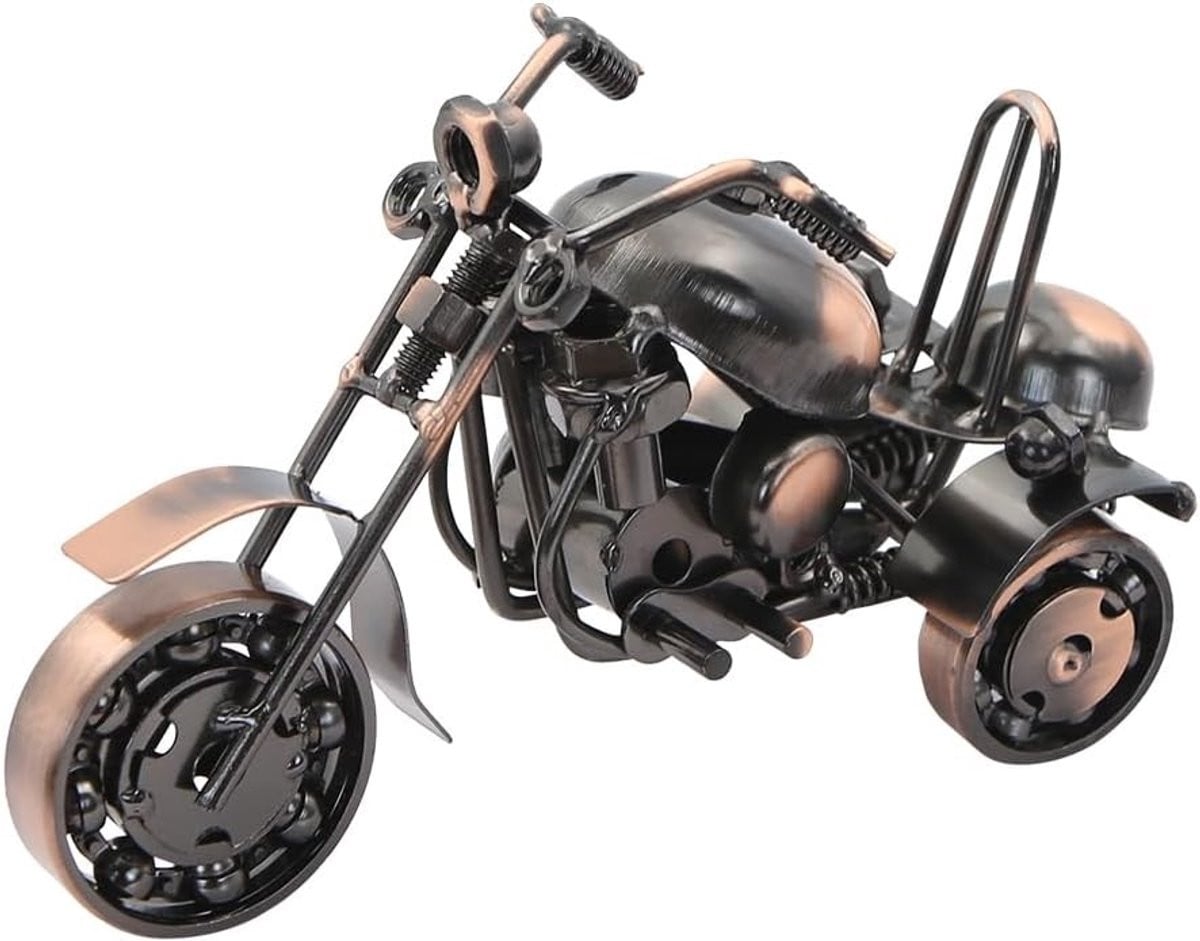 Retro Motorfiets Model Beeldje - Driewielige Metalen Moto Collectie - IJzeren Kunstsculptuur voor Decoratie van Thuis en Kantoor