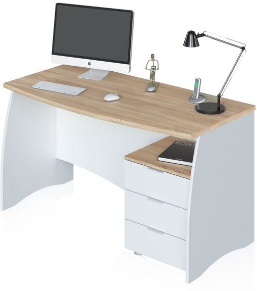 duehome Mesa de escritorio con 3 cajones 136x67 cm Elan - Blanco Artik (Blanco Mate) - Roble Canadian