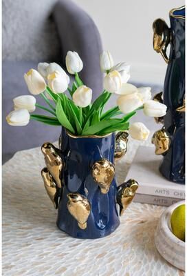 Kodotan sofa "8.7x8.7x9.5"" Blue Ceramic Tree Branch Vase with Gold Bird Accents"