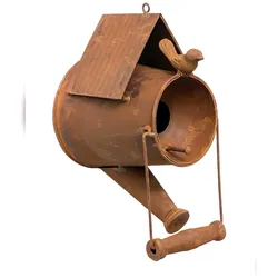 DanDiBo Vogelhaus zum Aufhängen Edelrost Deko Rost Gießkanne Wetterfest 96424 Nistkasten Futterstation für Vögel Shabby mit Kette hängend Metallkanne