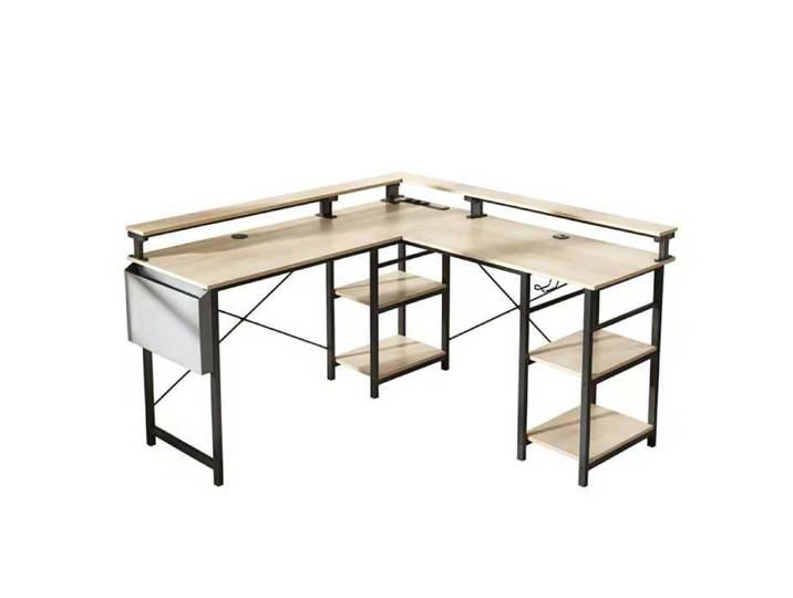 Bureau Gamer en L 140x140 cm avec LEDs RGB Prises USB et Étagères Réglables - Bureau d'Angle Réversible Support Écran Inclus