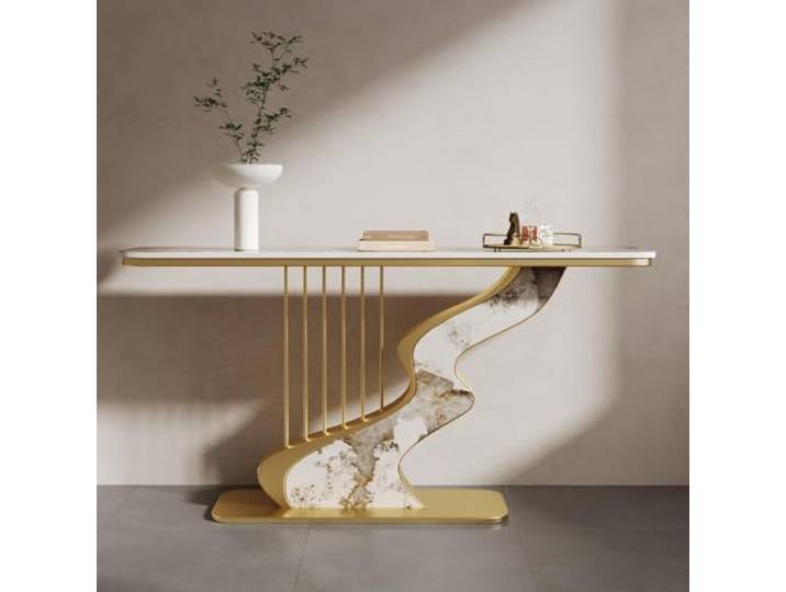S-Form Design Sinterstein Konsolentisch Metallrahmen für Eingang Wohnzimmer S-Form Sinterstein Metallrahmen Rostschutz Abgerundete Kanten Platzsparend(Gold 1,150cm/59.1in)