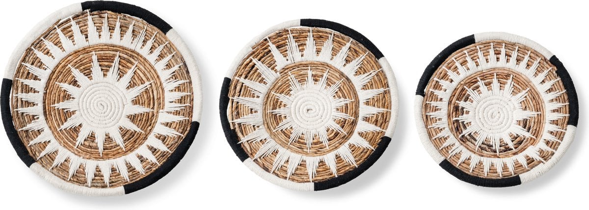 Dua Living Set van 3 Organische Wanddecoratie Borden - Rond Bananenblad met Katoen - Bohemien Stijl
