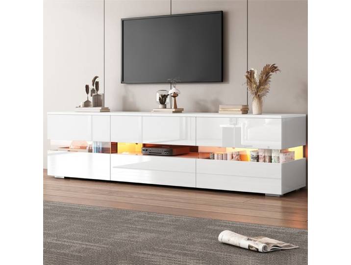 Armoire de télévision moderne haute brillance blanche Compartiment ouvert Avec éclairage LED 2 portes 1 tiroir 160x39x45 cm