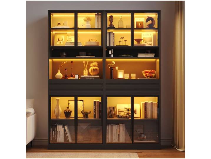 HOMVRA Vitrine haute 2 pièces 160x35x200 cm en MDF noir 8 portes vitrées 2 tiroirs LED RGB
