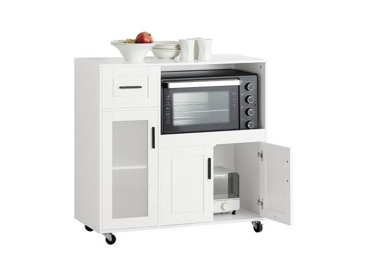 SoBuy Mikrowellenschrank, Sideboard auf Rollen, Weiß, Holzwerkstoff, 89x89x40 cm, Esszimmer, Servierwagen