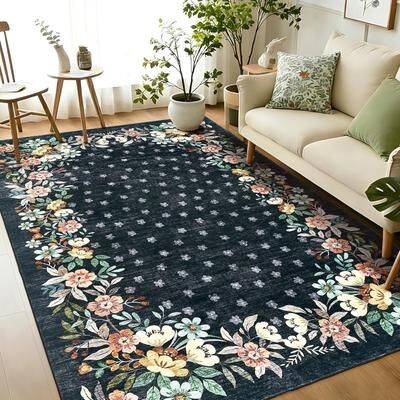 Garvee Floral Area Rug, Washable Non Slip Low Pile Rug for Bedroom Dining Room