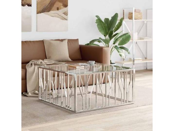 HEFZGDB Couchtisch 100x100x50 cm Edelstahl Glas Tischplatte Beistelltisch Langlebig Korrosionsbeständig Moderner Wohnzimmertisch