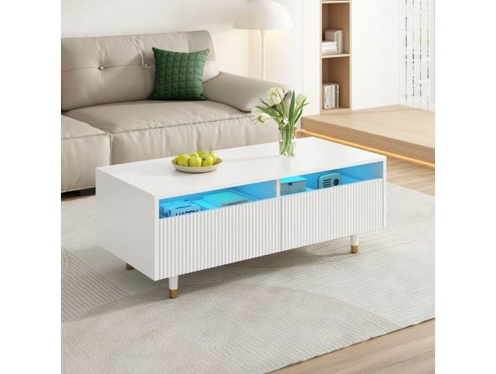 Table Basse - TANANT - Table Basse Moderne - 2 Tiroirs - Éclairage LED - 110x50x40cm - Blanc