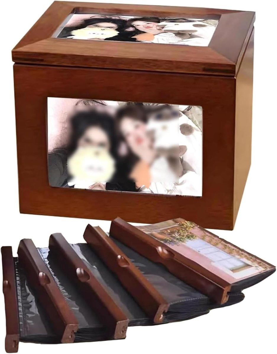 Houten Fotokubus met 5 uittrekbare albums voor 100 foto's - Houtkleur