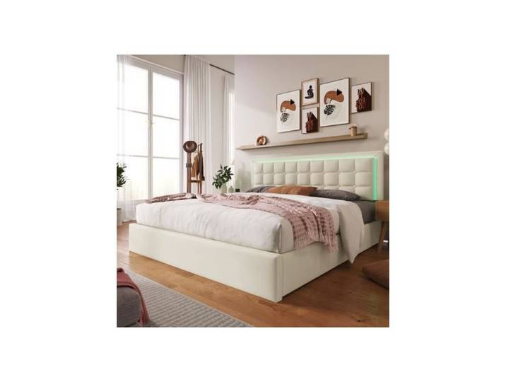 Lit double - Blanc - 140x200 cm - Rembourr - Coffre de rangement - clairage LED
