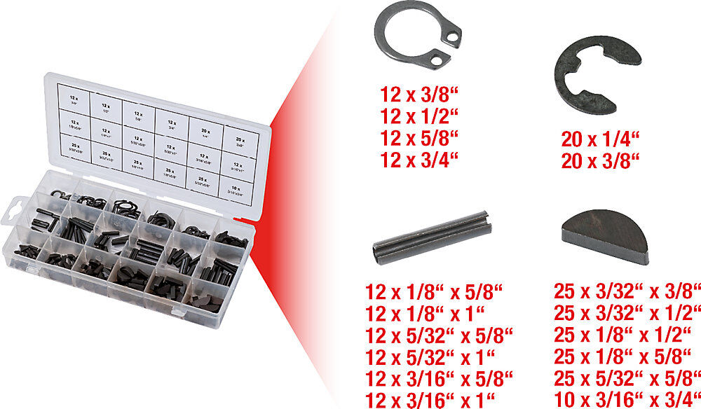 Sortiment Spannstift/Seegering/Federkeile/E-Sicherungsring, 295 Teile, ISO 3912/13337, DIN 471 KS Tools