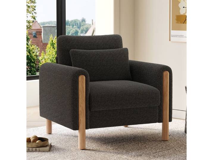 COVREO fauteuil lounge 1 place avec accoudoirs teddy gris foncé coussin inclus bois massif