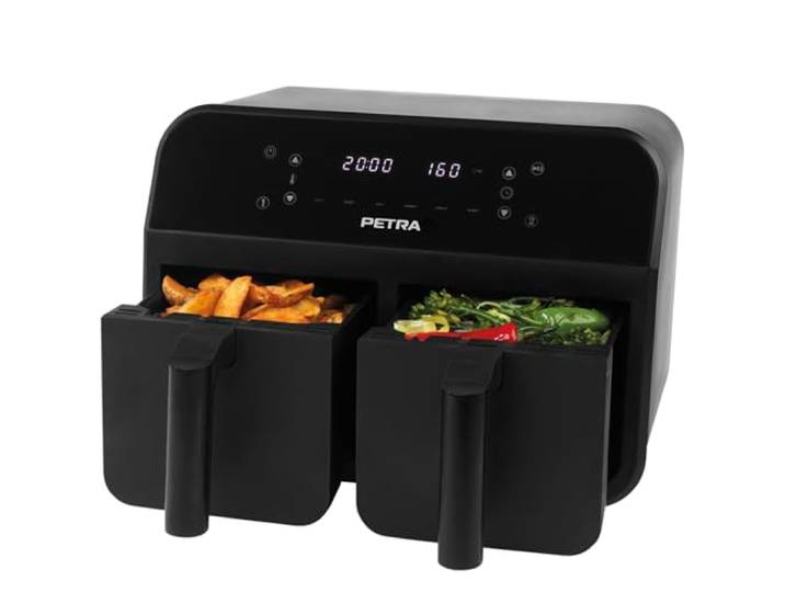Petra PT4750BLKVDE XXL 7.4L Heißluftfritteuse - 2400W Fritteuse, 2 herausnehmbaren Frittierkörben mit Antihaftbeschichtung, 6 Kochfunktionen, Sync & Match, 3,7L pro Schublade, ohne Öl, kartoffelpuffer