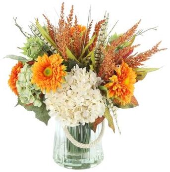 Creative Labs Fall Hydrangea and Sunflower Arrangement in Glass Vase with Rope Handle