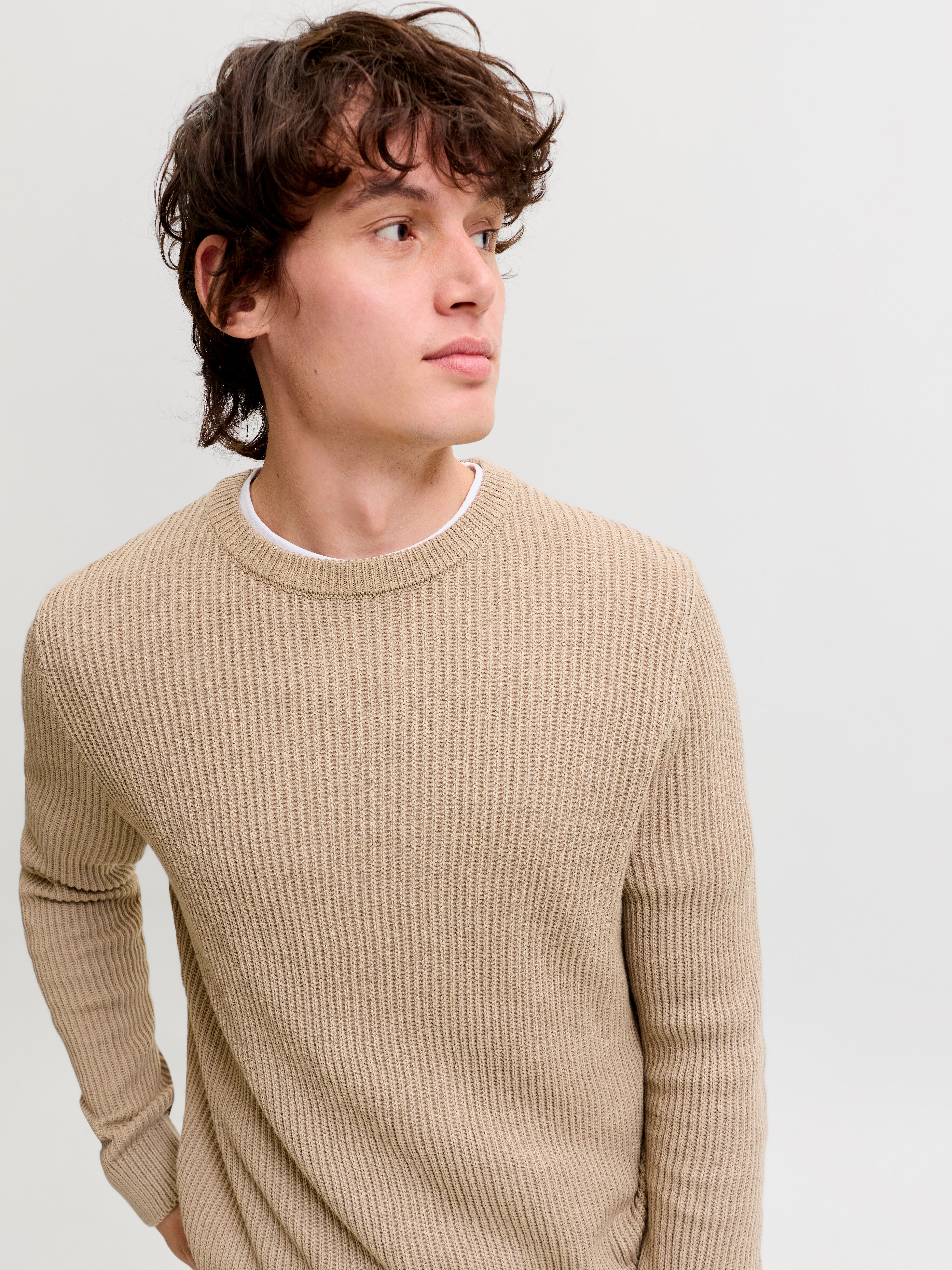 Rundhalspullover JACK & JONES "JJPANNEL KNIT CREW NECK AW26", Herren, Gr. L, beige (crockery), Strick, Obermaterial: 58% Polyacryl, 42% Baumwolle, unifarben, regular fit normal, Rundhals, Bündchen, Pullover Rundhalspullover, Materialmix, regular fit crock