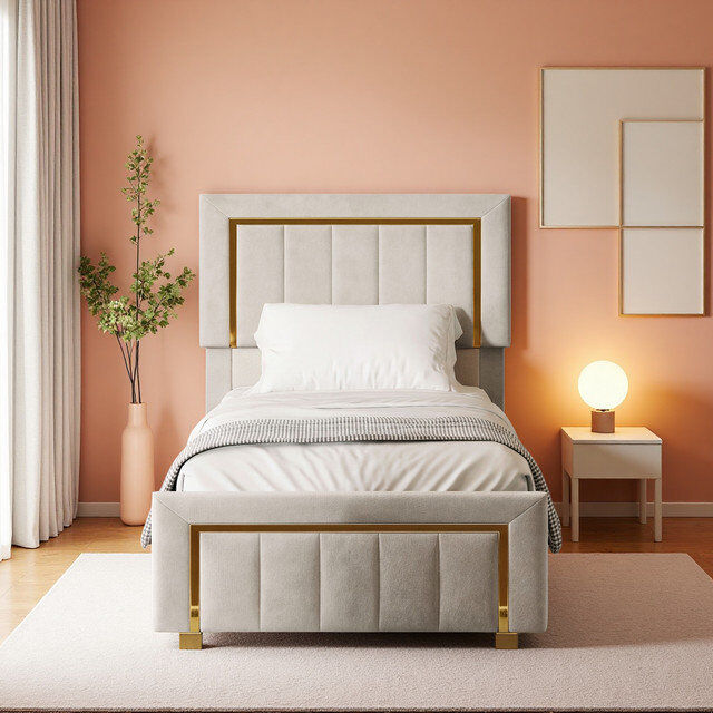 Canora Grey Velvet Upholstered Storage Bed Frame Beige Double (4'6)
