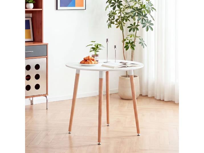 EGOONM Table à manger ronde moderne de 80 cm, plateau en MDF blanc et pieds en bois massif, table à dîner circulaire minimaliste pour la cuisine